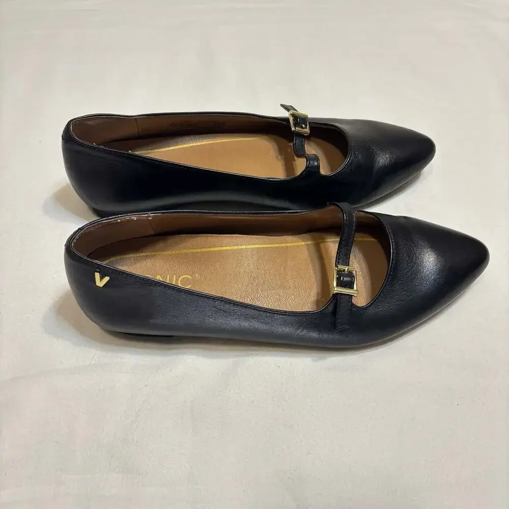 Vionic Black Leather Gem Delilah Pointed Toe Mary Jane Flats Size 6.5